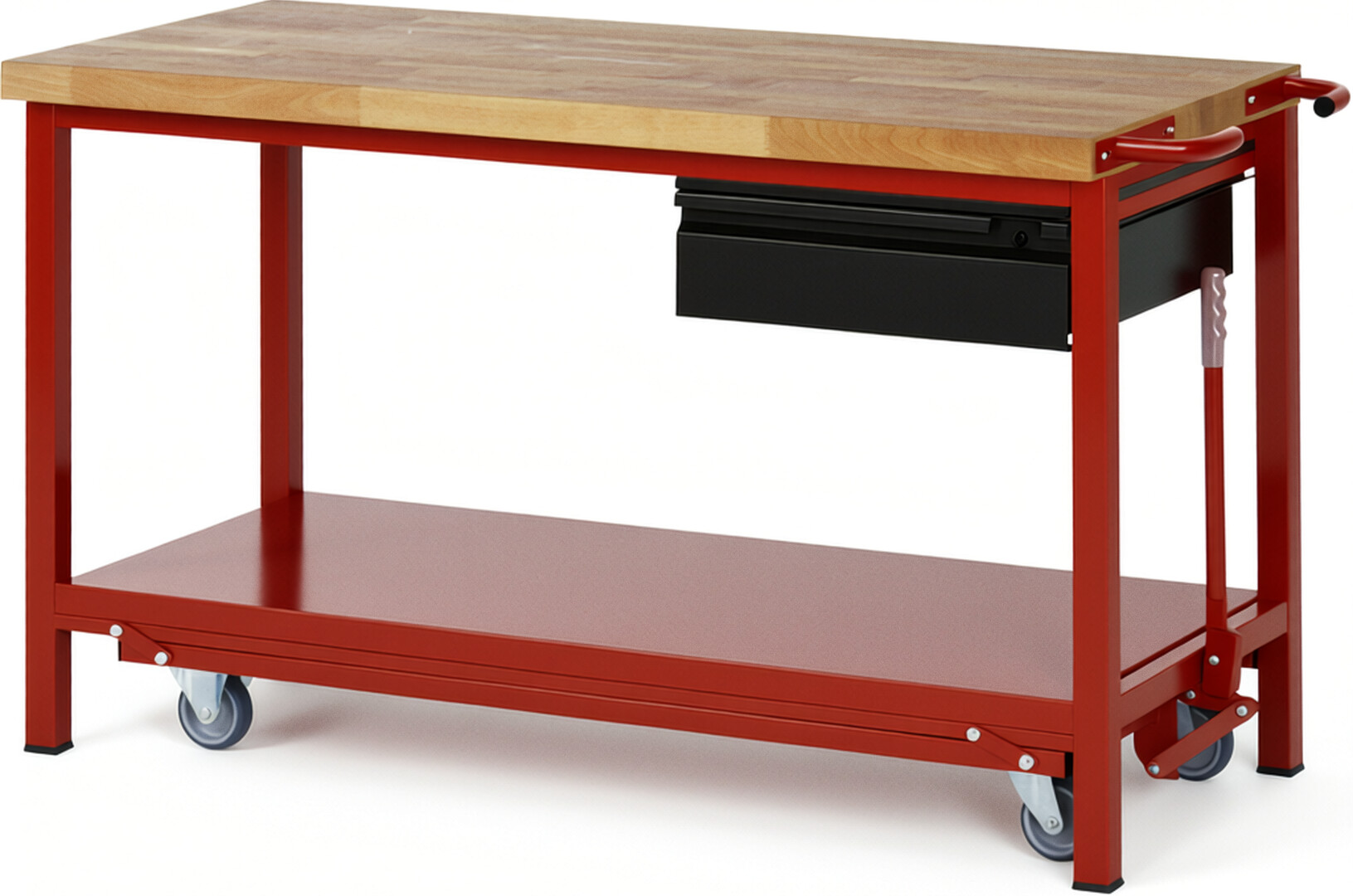Absenkbare Werkbank - Modell 8001 BASIC rot - schwarz, BxTxH 1500x700x880 mm,  Buche-Massiv Arbeitsplatte 40 mm,  1 Schublade mit  Auszug 90 %