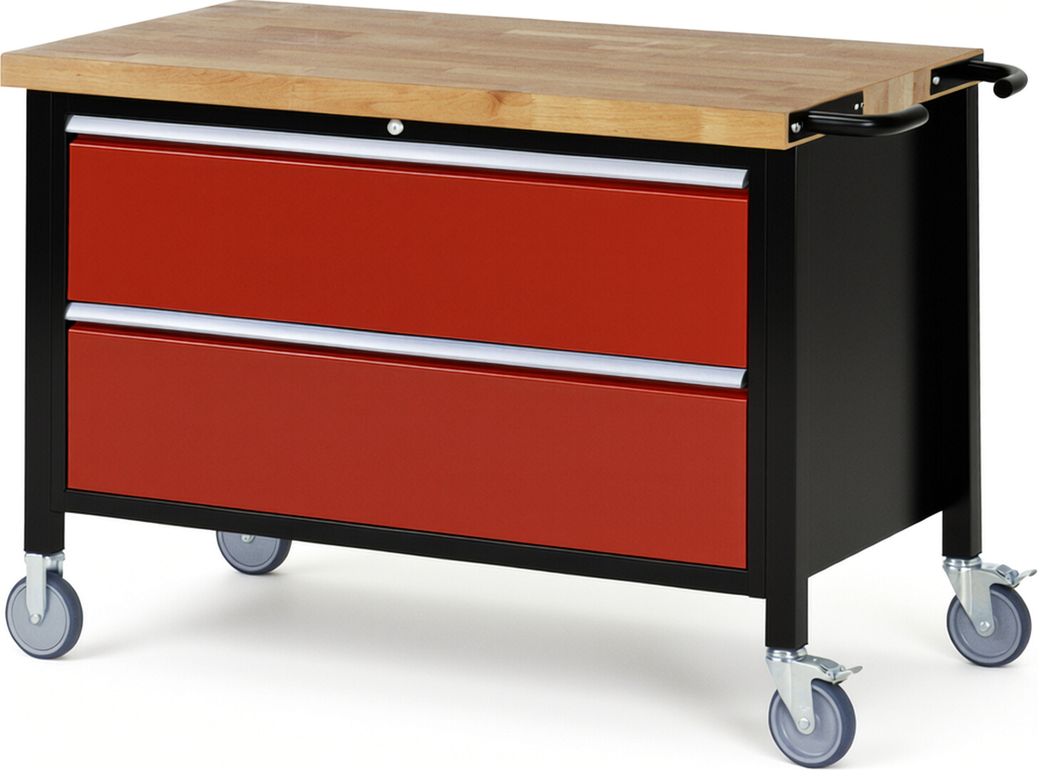 RAU Werkbank schwarz - rot - Breite 125 cm - Tiefe 70 cm - Höhe 108 cm - Buche-Massiv Arbeitsplatte 40 mm