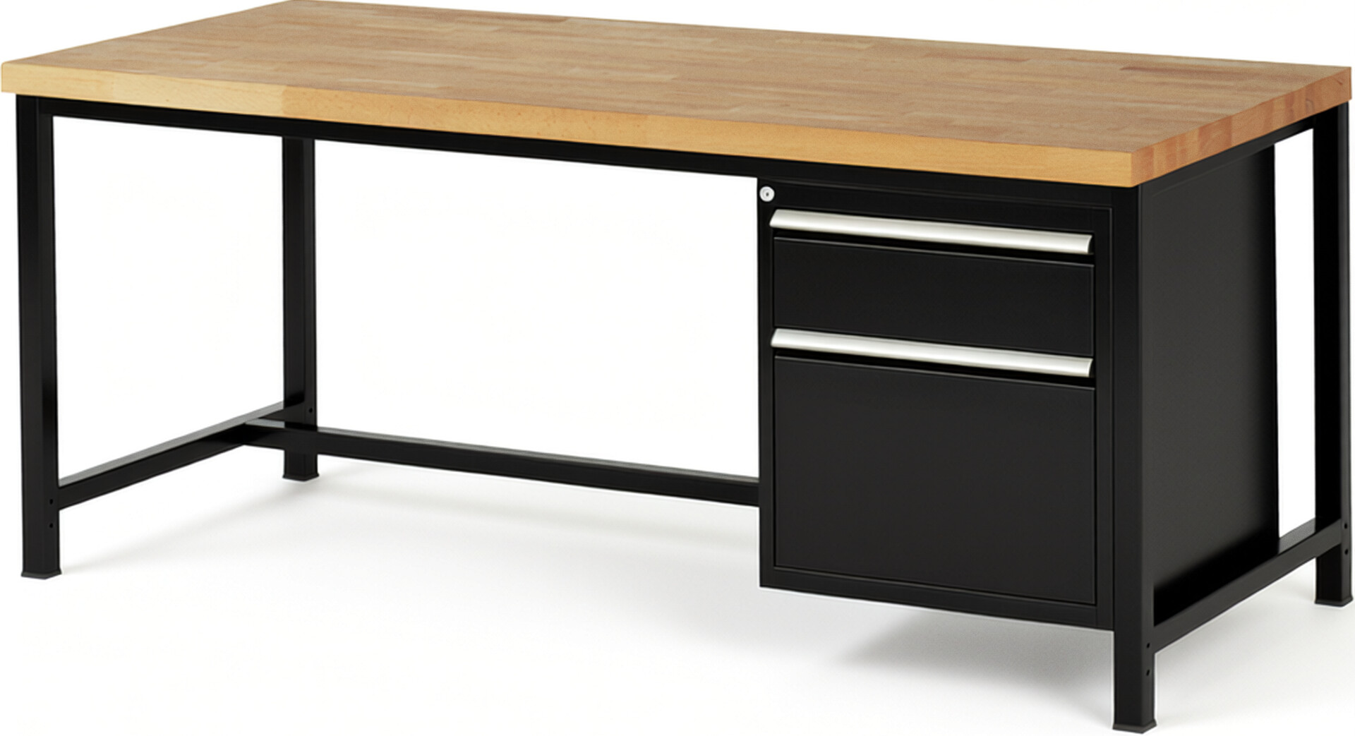 Werkbank Modell 8156 schwarz, BxTxH 2000x900x840-1040 mm,  Buche-Massiv Arbeitsplatte 40 mm,  2 Schubladen mit  Auszug 90 %