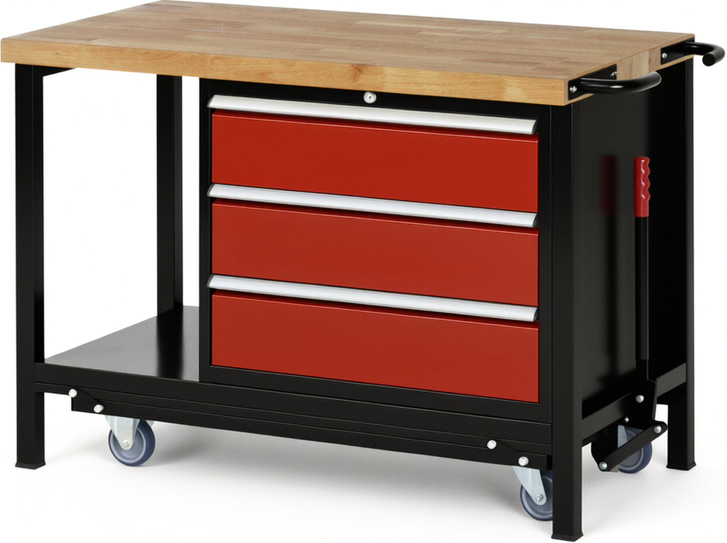 RAU Werkbank schwarz - rot - Breite 125 cm - Tiefe 70 cm - Höhe 88 cm - Buche-Massiv Arbeitsplatte 40 mm