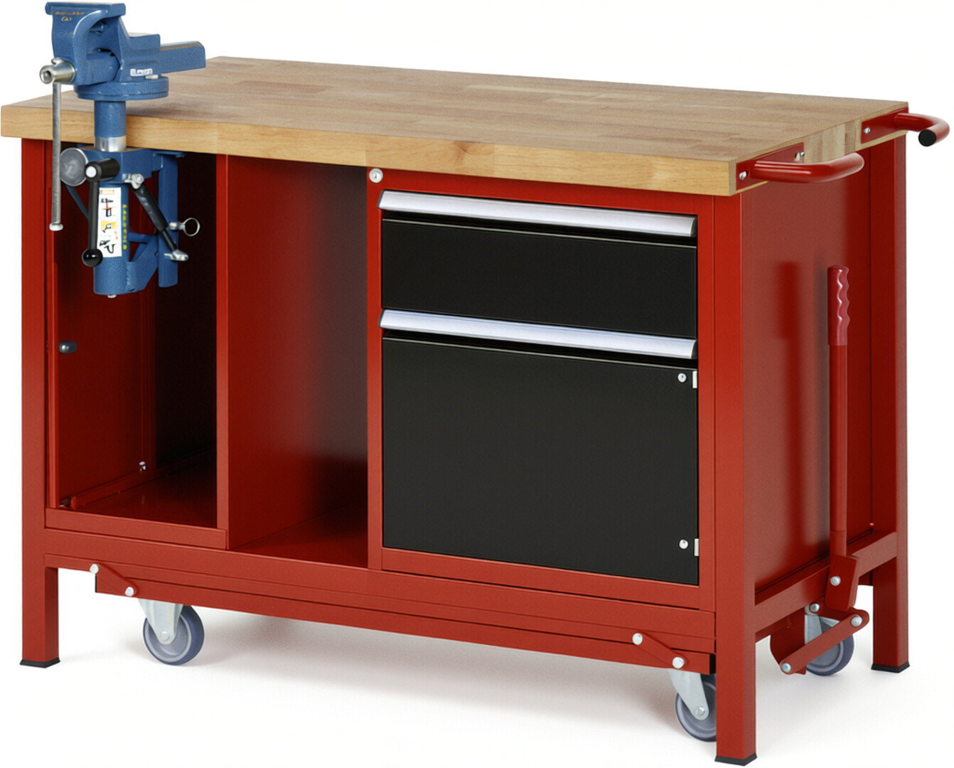 Absenkbare Werkbank Modell 8181 rot - schwarz, BxTxH 1250x700x880 mm,  Buche-Massiv Arbeitsplatte 40 mm,  1 Schublade mit  Vollauszug 100 % und  SoftClosing