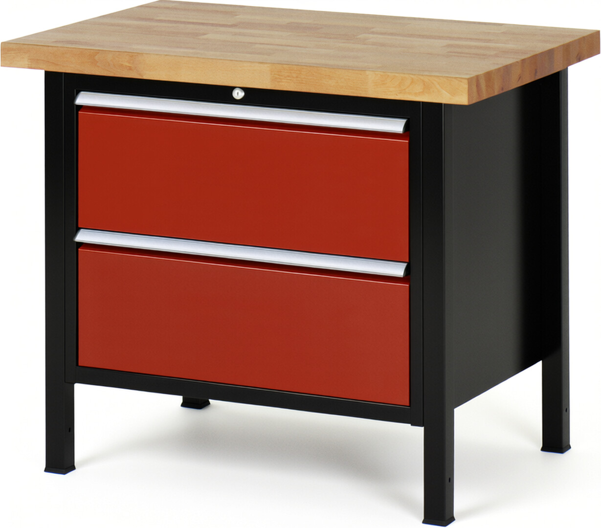 Werkbank Modell 8255 schwarz-rot, BxTxH 1000x700x840 mm,  Buche-Massiv Arbeitsplatte 40 mm,  2 Schubladen mit  Auszug 90 %