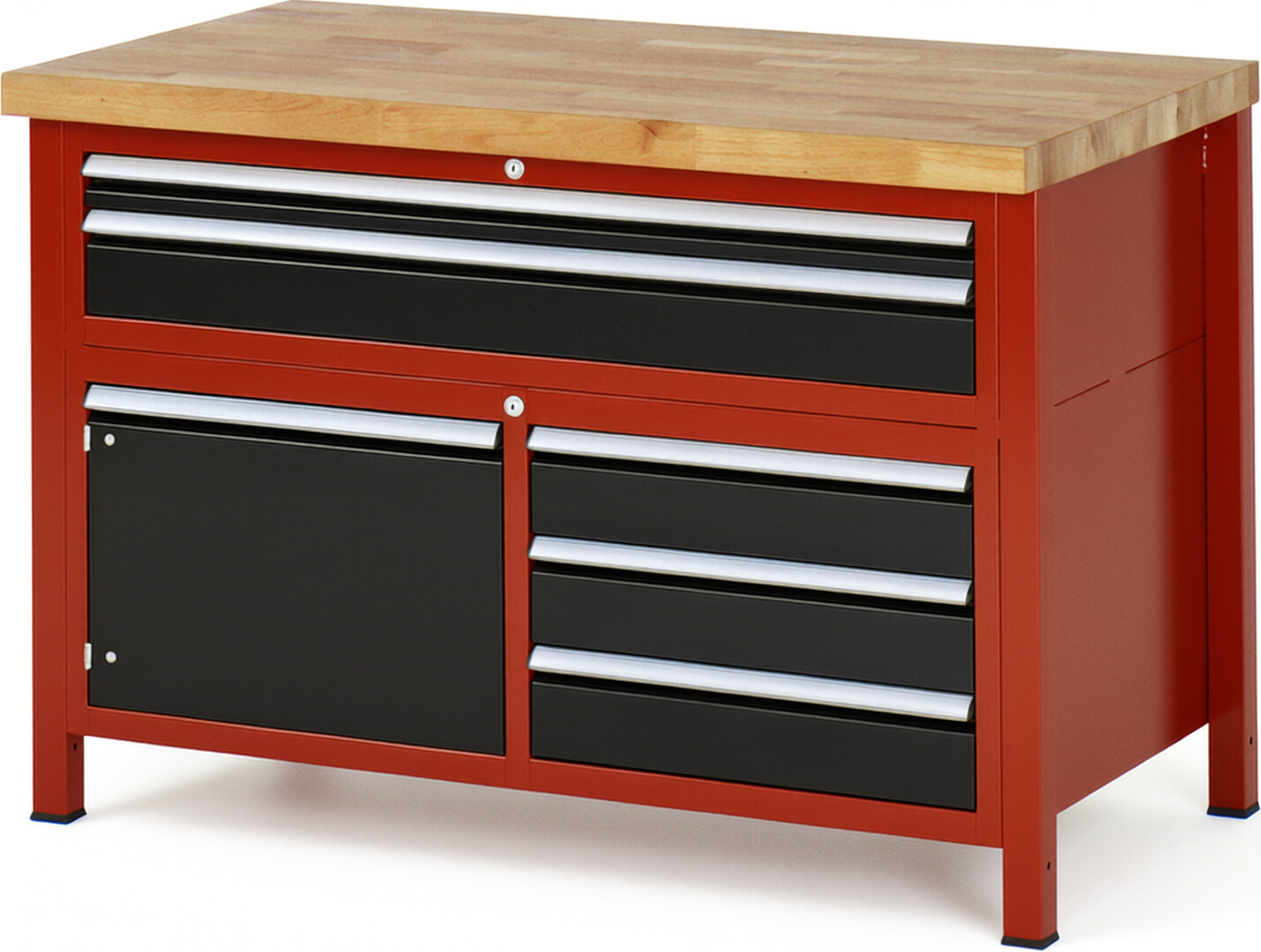 Werkbank Modell 8922 rot - schwarz, BxTxH 1250x700x840-1040 mm,  Buche-Massiv Arbeitsplatte 40 mm,  5 Schubladen mit  Auszug 90 %