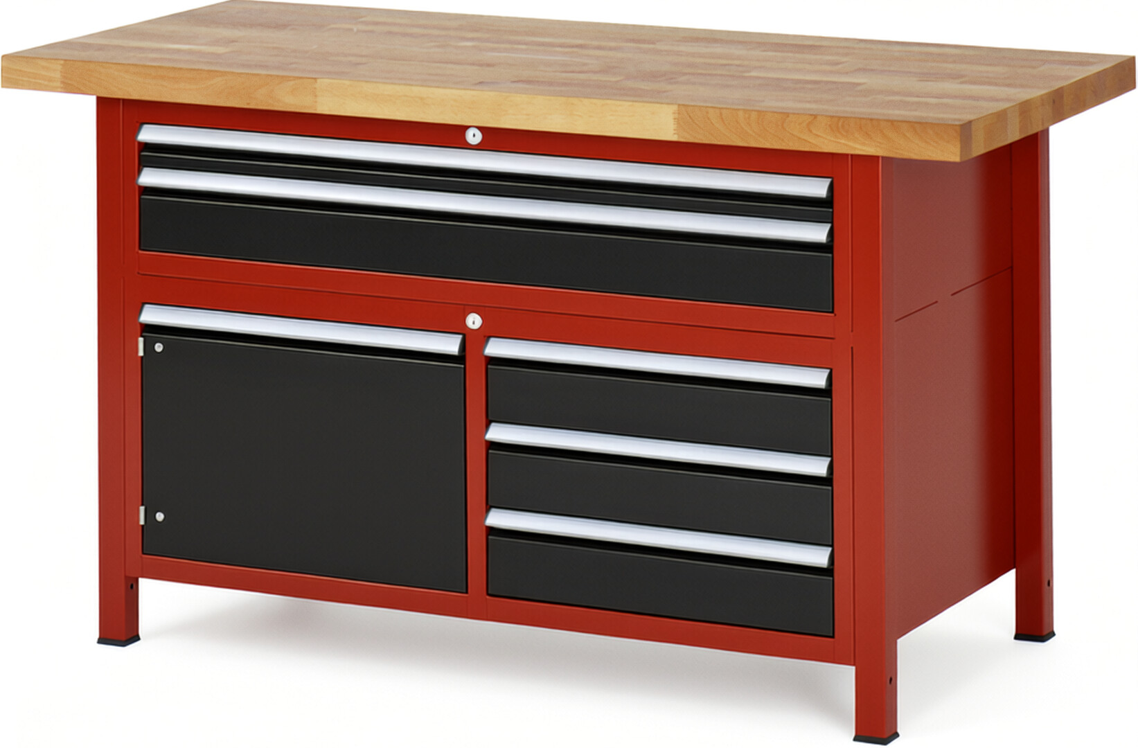 Werkbank Modell 8922 rot - schwarz, BxTxH 1500x700x840-1040 mm,  Buche-Massiv Arbeitsplatte 40 mm,  5 Schubladen mit  Vollauszug 100 % und  SoftClosing