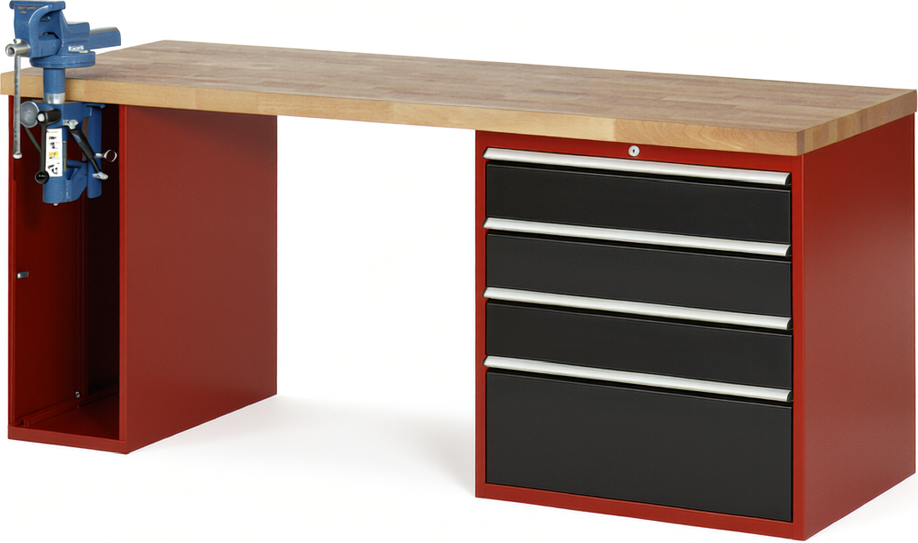 Werkbank Modell 7610 rot - schwarz, BxTxH 2000x700x840 mm,  Buche-Massiv Arbeitsplatte 40 mm,  4 Schubladen mit  Vollauszug 100 % und  SoftClosing