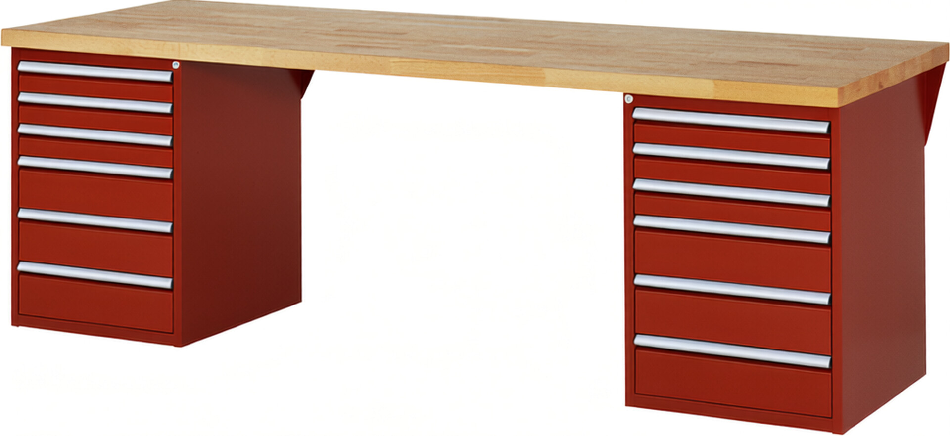 Werkbank Modell 7515 rot, BxTxH 2500x900x840 mm,  Buche-Massiv Arbeitsplatte 40 mm,  12 Schubladen mit  Vollauszug 100 % und  SoftClosing