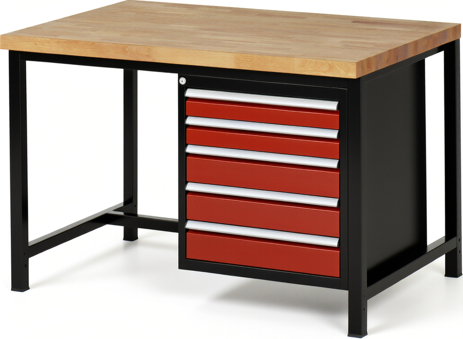 RAU Werkbank schwarz - rot - Breite 125 cm - Tiefe 90 cm - Höhe 104 cm - Buche-Massiv Arbeitsplatte 40 mm