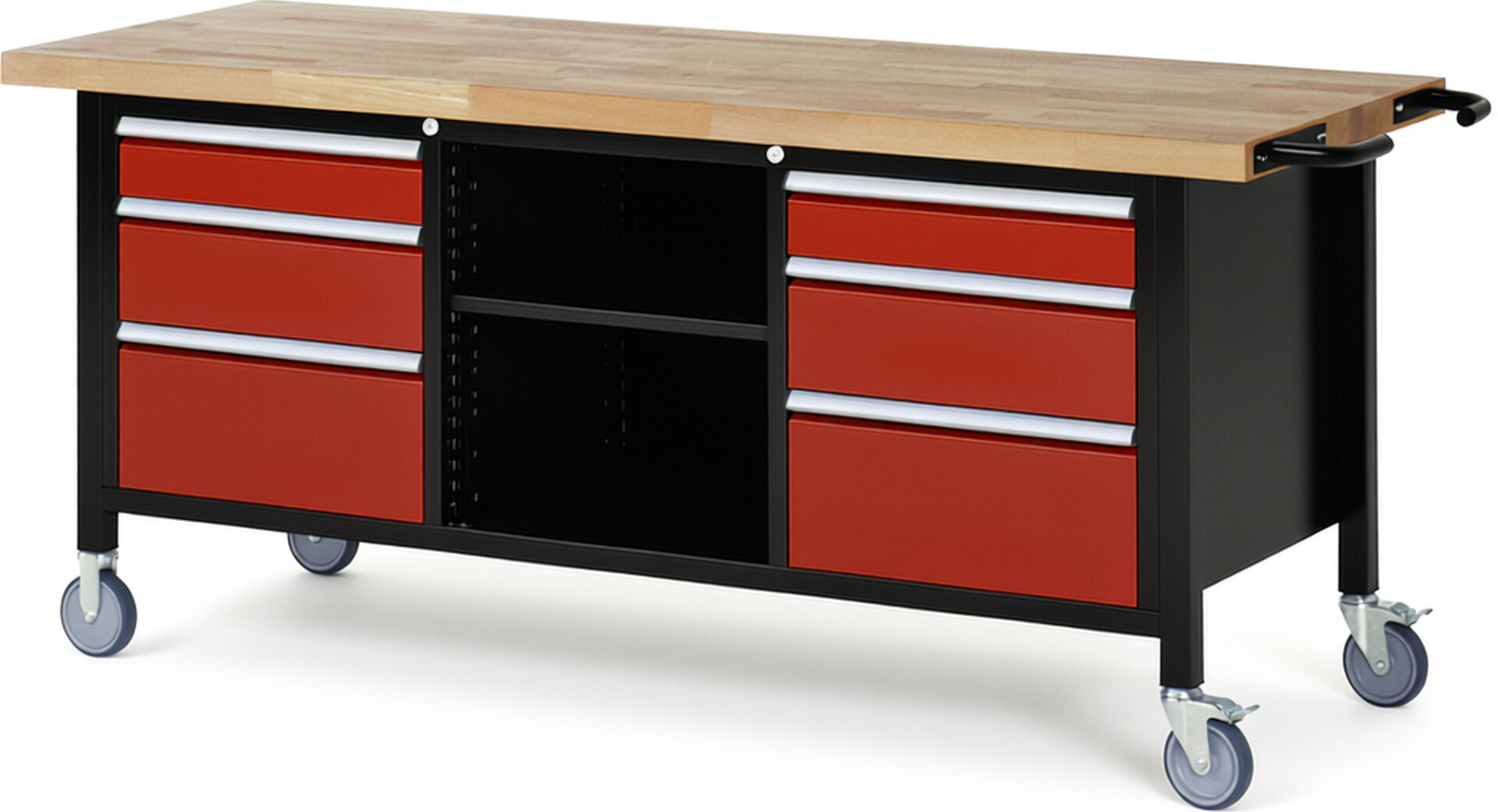 RAU Werkbank schwarz - rot - Breite 200 cm - Tiefe 70 cm - Höhe 108 cm - Buche-Massiv Arbeitsplatte 40 mm