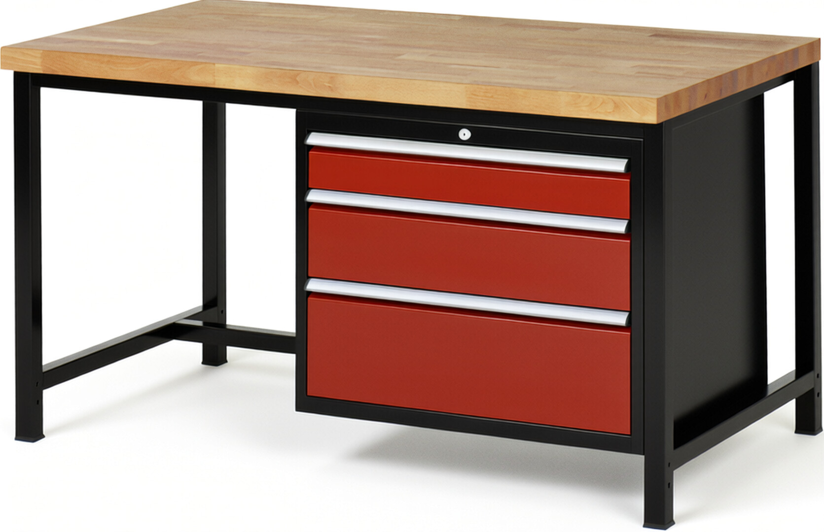 RAU Werkbank schwarz - rot - Breite 150 cm - Tiefe 90 cm - Höhe 104 cm - Buche-Massiv Arbeitsplatte 40 mm