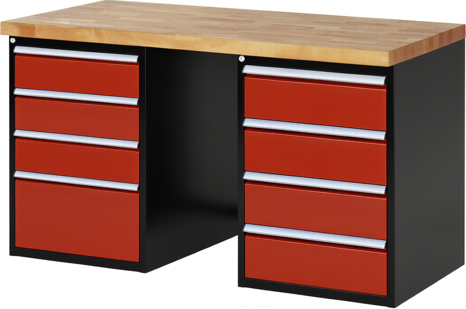 RAU Werkbank schwarz - rot - Breite 150 cm - Tiefe 70 cm - Höhe 89 cm - Buche-Massiv Arbeitsplatte 40 mm