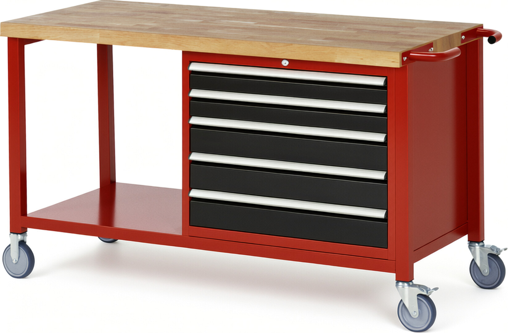 Fahrbare Werkbank Modell 8271 rot - schwarz, BxTxH 1500x700x880 mm,  Buche-Massiv Arbeitsplatte 40 mm,  5 Schubladen mit  Auszug 90 %