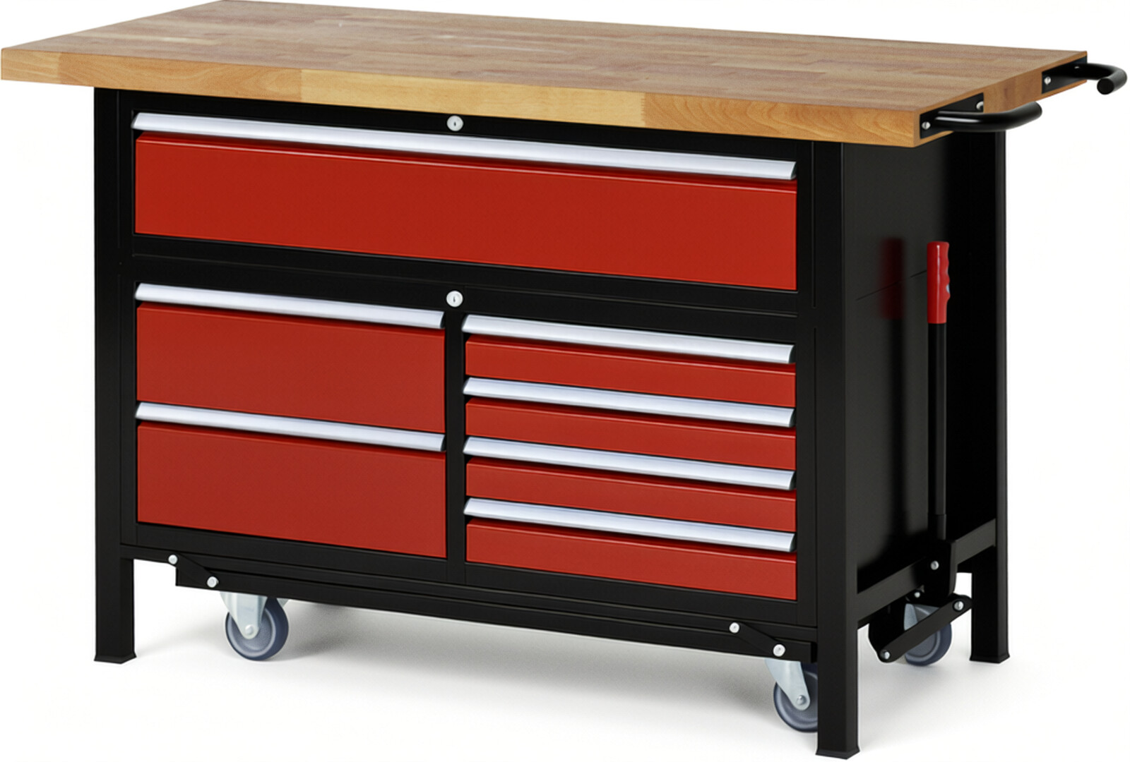 RAU Werkbank schwarz - rot - Breite 150 cm - Tiefe 70 cm - Höhe 92 cm - Buche-Massiv Arbeitsplatte 40 mm