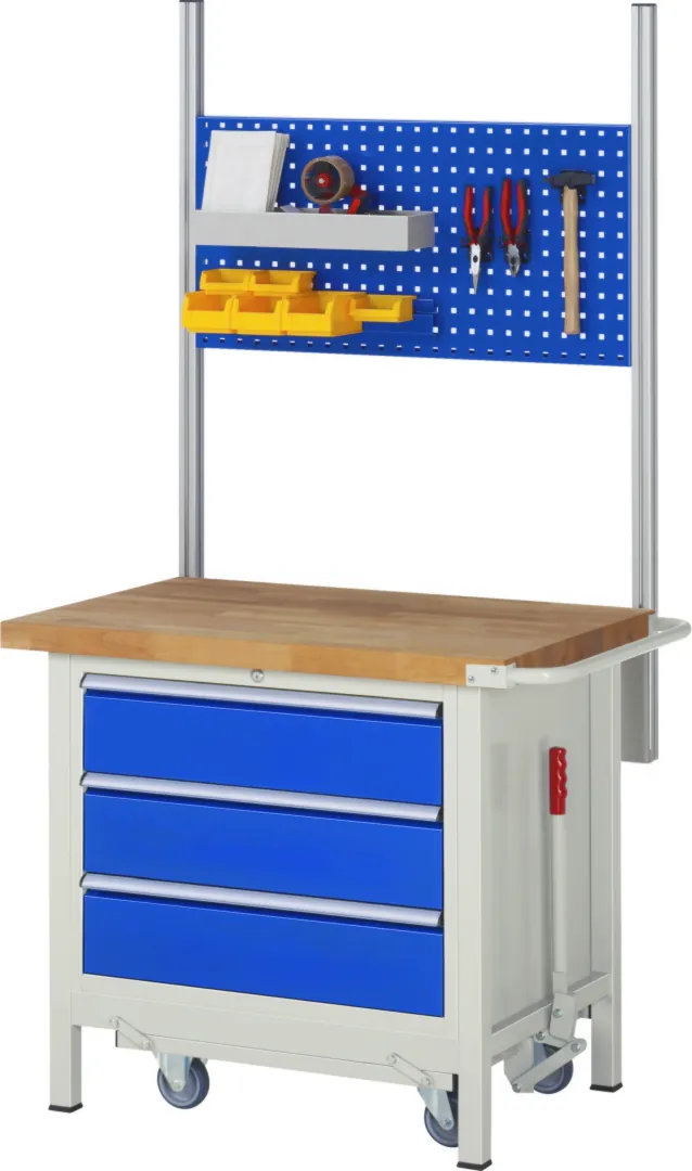 Absenkbare Werkbank Modell 8262 rot - schwarz, BxTxH 1000x700x880 mm,  Buche-Massiv Arbeitsplatte 40 mm,  4 Schubladen mit  Auszug 90 %