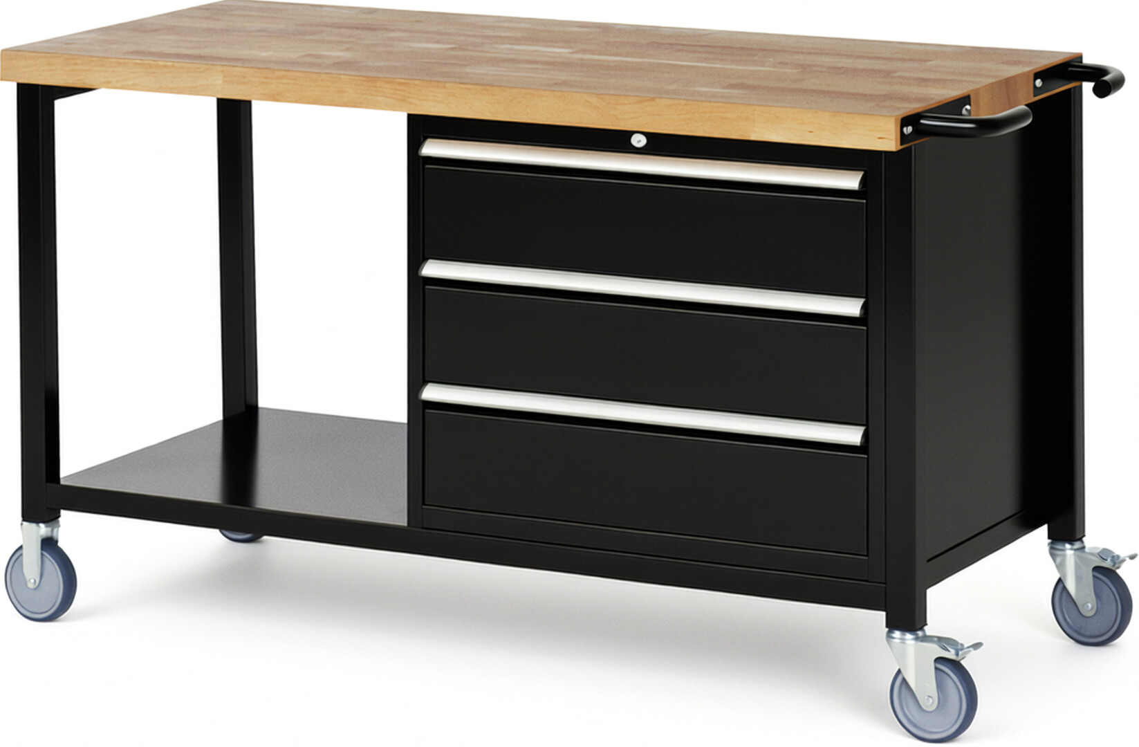 Fahrbare Werkbank Modell 8257 schwarz, BxTxH 1500x700x880 mm,  Buche-Massiv Arbeitsplatte 40 mm,  3 Schubladen mit  Auszug 90 %