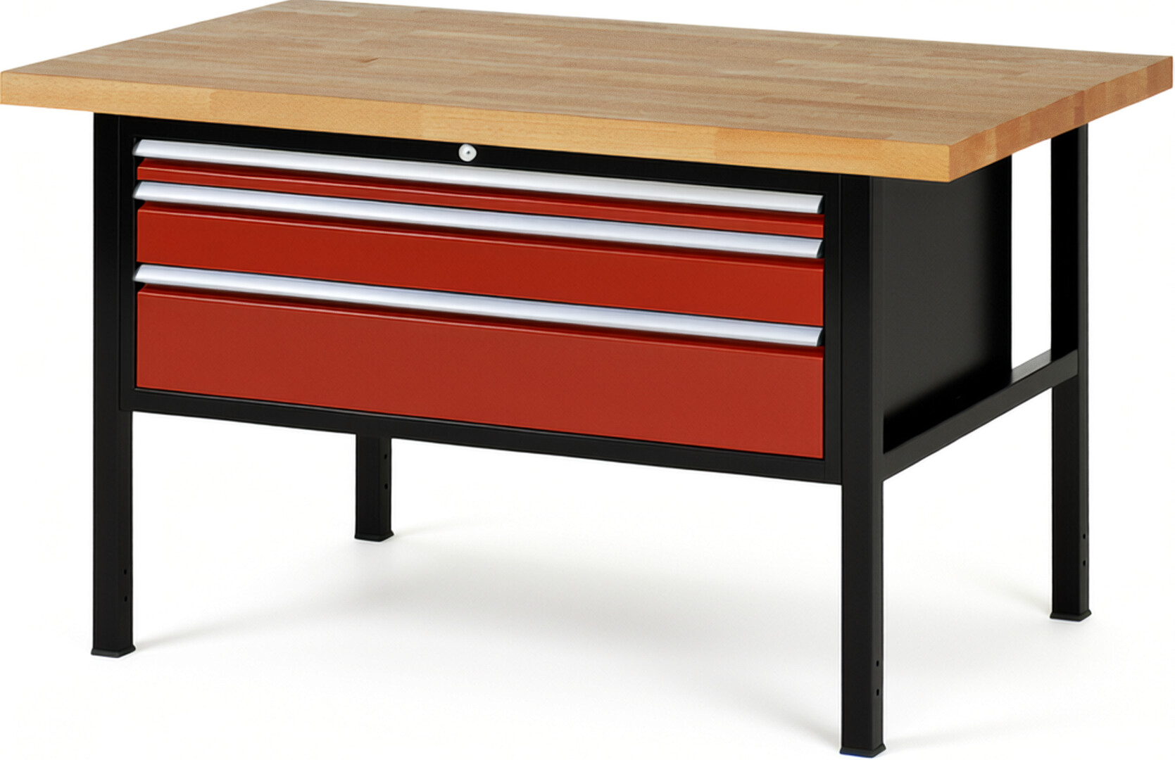 RAU Werkbank schwarz - rot - Breite 150 cm - Tiefe 90 cm - Höhe 104 cm - Buche-Massiv Arbeitsplatte 40 mm
