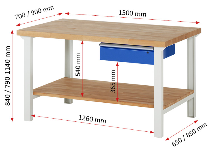 Werkbank Modell 7001 rot, BxTxH 1500x900x790-1140 mm,  Buche-Massiv Arbeitsplatte 40 mm,  1 Schublade mit  Auszug 90 %