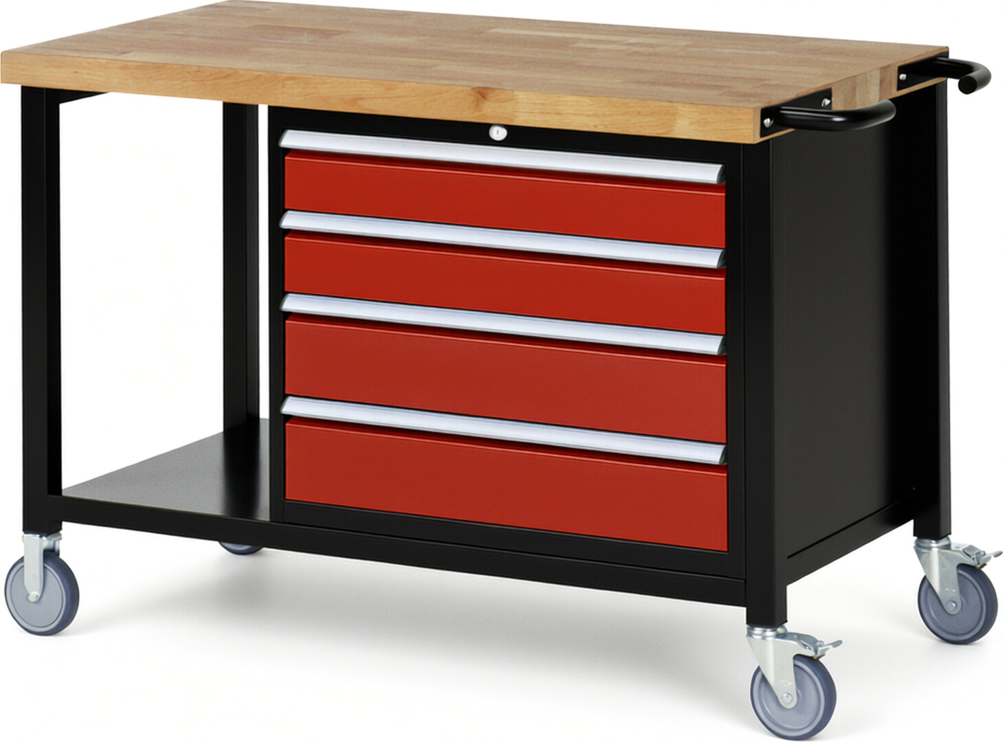 RAU Werkbank schwarz - rot - Breite 125 cm - Tiefe 70 cm - Höhe 108 cm - Buche-Massiv Arbeitsplatte 40 mm