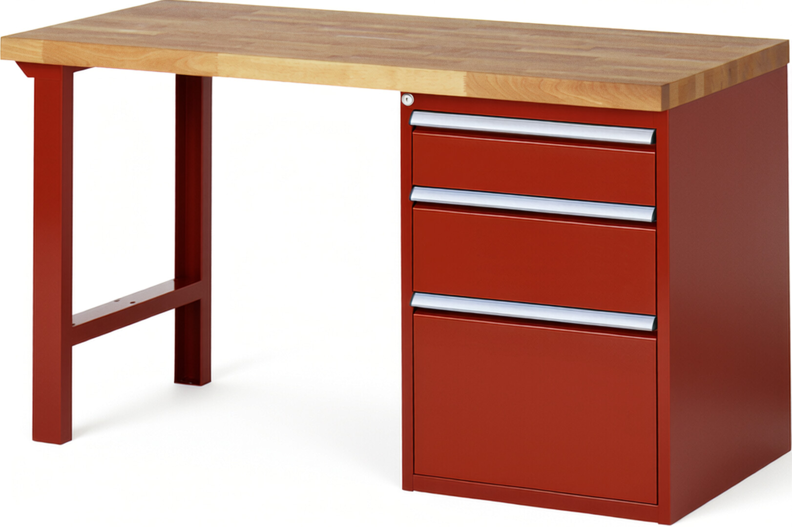 Werkbank Modell 7508 rot, BxTxH 1500x700x890 mm,  Buche-Massiv Arbeitsplatte 40 mm,  3 Schubladen mit  Auszug 90 %
