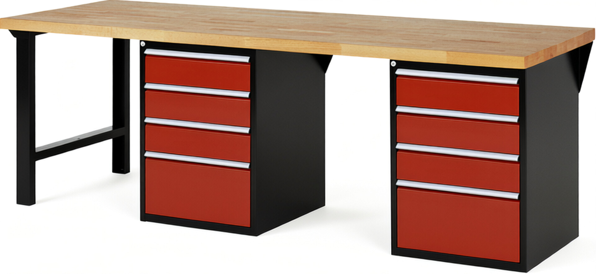 RAU Werkbank schwarz - rot - Breite 250 cm - Tiefe 90 cm - Höhe 89 cm - Buche-Massiv Arbeitsplatte 40 mm