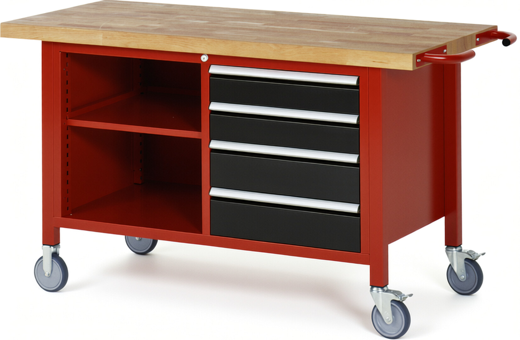 Fahrbare Werkbank Modell 8463 rot - schwarz, BxTxH 1500x700x880 mm,  Buche-Massiv Arbeitsplatte 40 mm,  4 Schubladen mit  Vollauszug 100 % und  SoftClosing