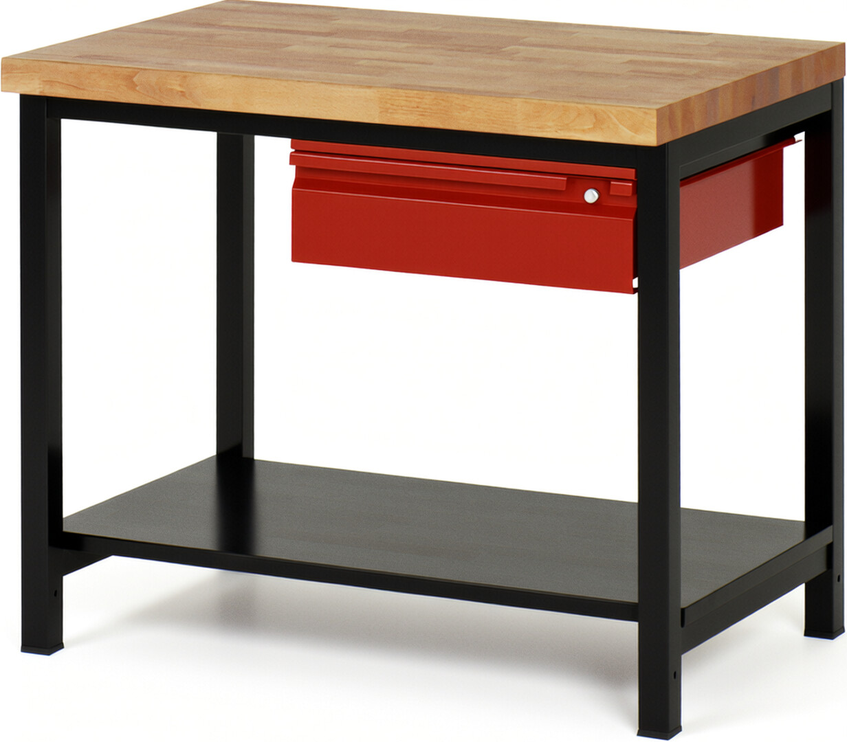 RAU Werkbank schwarz - rot - Breite 100 cm - Tiefe 70 cm - Höhe 104 cm - Buche-Massiv Arbeitsplatte 40 mm