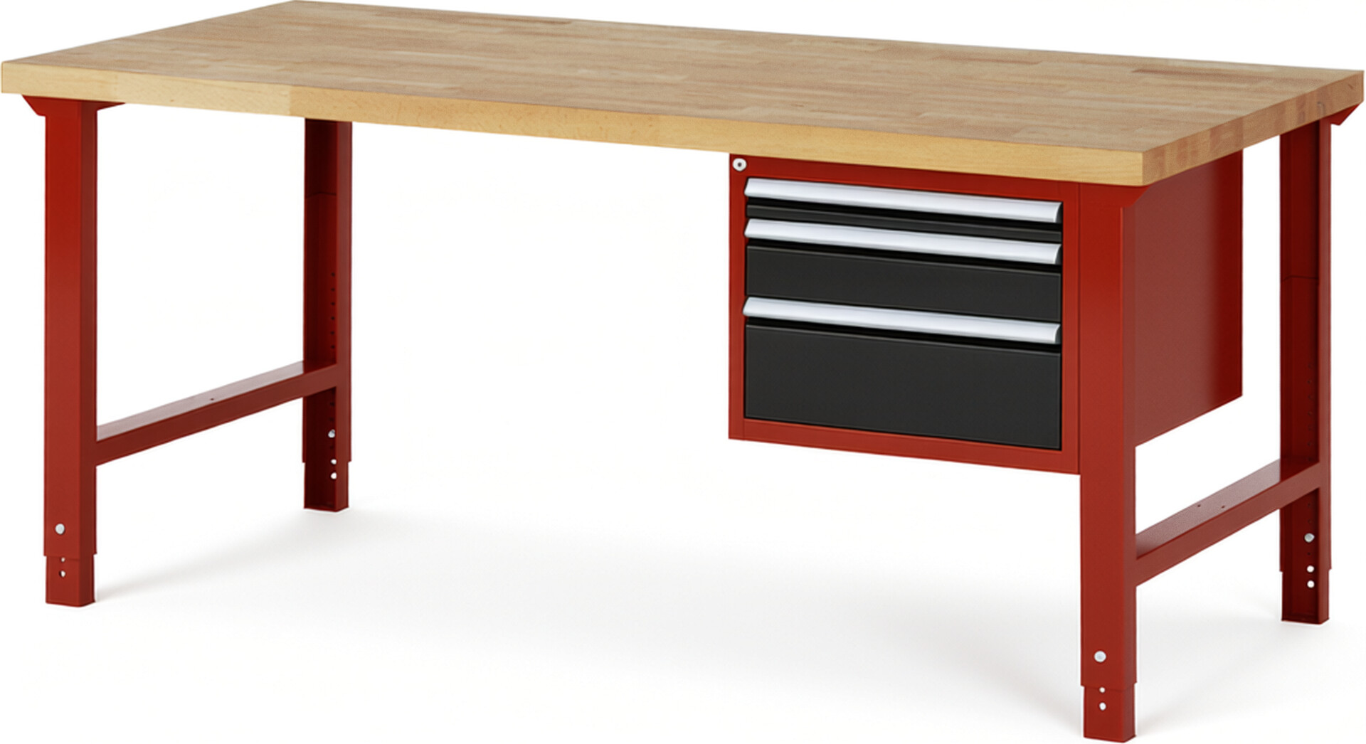 Werkbank Modell 7126 rot - schwarz, BxTxH 2000x900x790-1140 mm,  Buche-Massiv Arbeitsplatte 40 mm,  3 Schubladen mit  Vollauszug 100 % und  SoftClosing