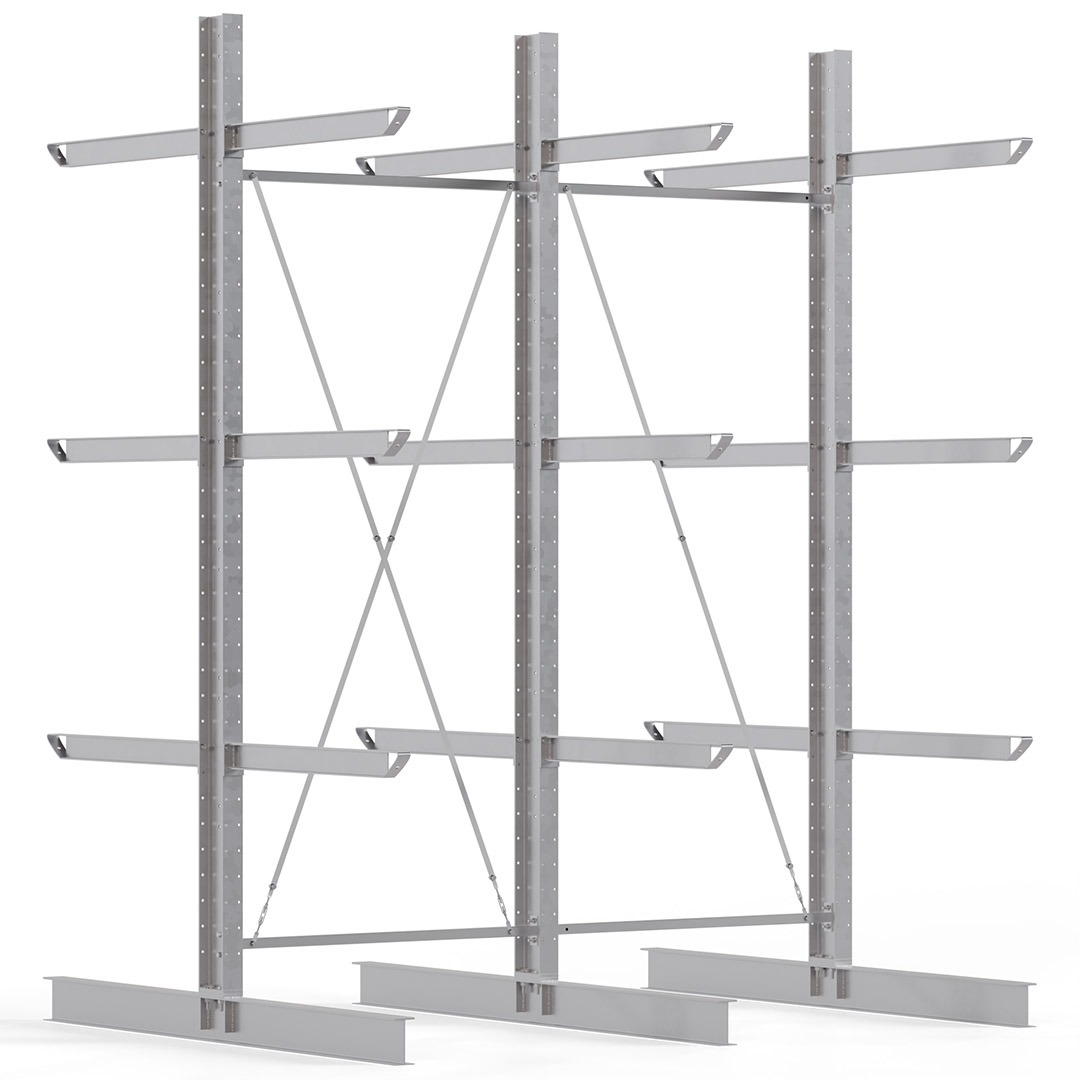 Kragarmregal KARL heavy - feuerverzinkt - Breite: 300 cm - Höhe: 400 cm - Tiefe: 120 cm - Traglast je Kragarm: 800 kg - beidseitig