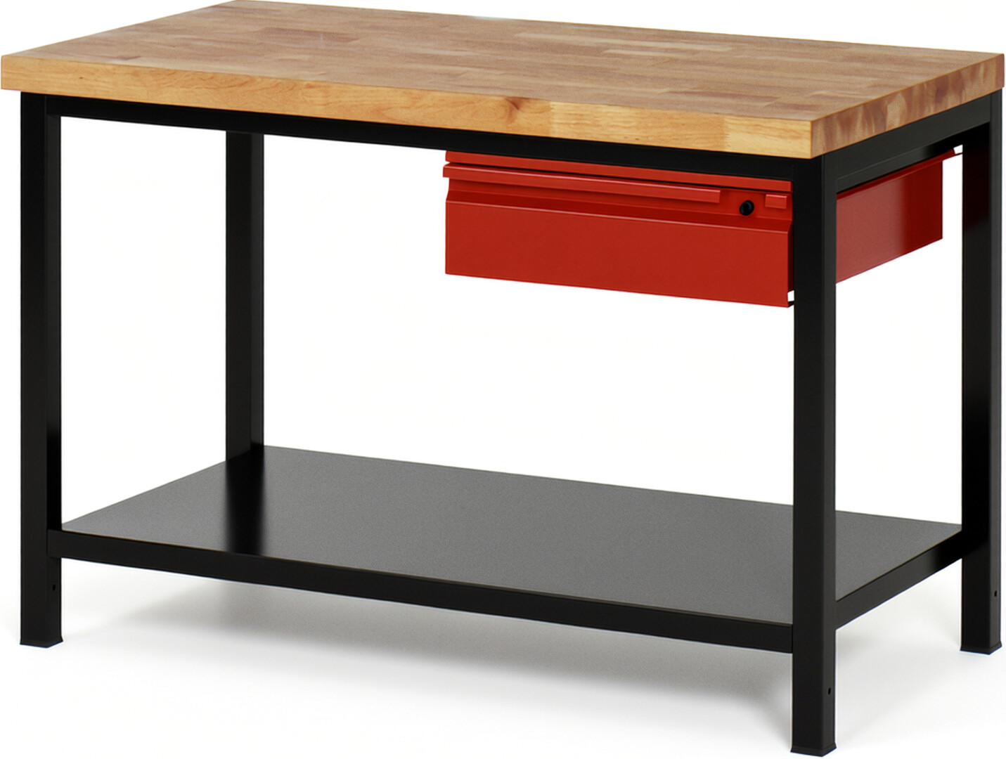 Werkbank schwarz - rot, Breite 125 cm, Tiefe 70 cm, Höhe 104 cm, 1 Schublade(n), Platte: Buche-Massiv-Arbeitsplatte