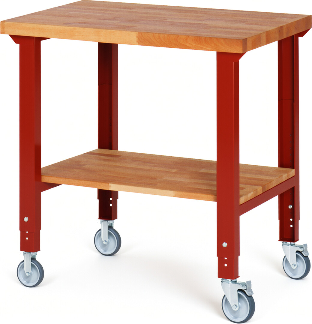 RAU Werkbank rot - Breite 100 cm - Tiefe 70 cm - Höhe 100 cm - Buche-Massiv Arbeitsplatte 40 mm