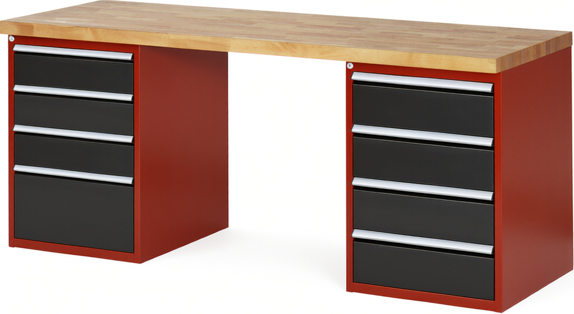 Werkbank Modell 7820 rot - schwarz, BxTxH 2000x700x840 mm,  Buche-Massiv Arbeitsplatte 40 mm,  8 Schubladen mit  Vollauszug 100 % und  SoftClosing