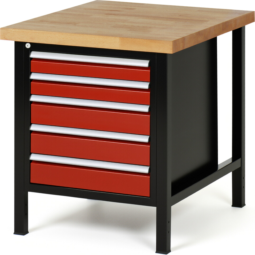 Werkbank Modell 8171 schwarz-rot, BxTxH 750x900x840-1040 mm,  Buche-Massiv Arbeitsplatte 40 mm,  5 Schubladen mit  Vollauszug 100 % und  SoftClosing