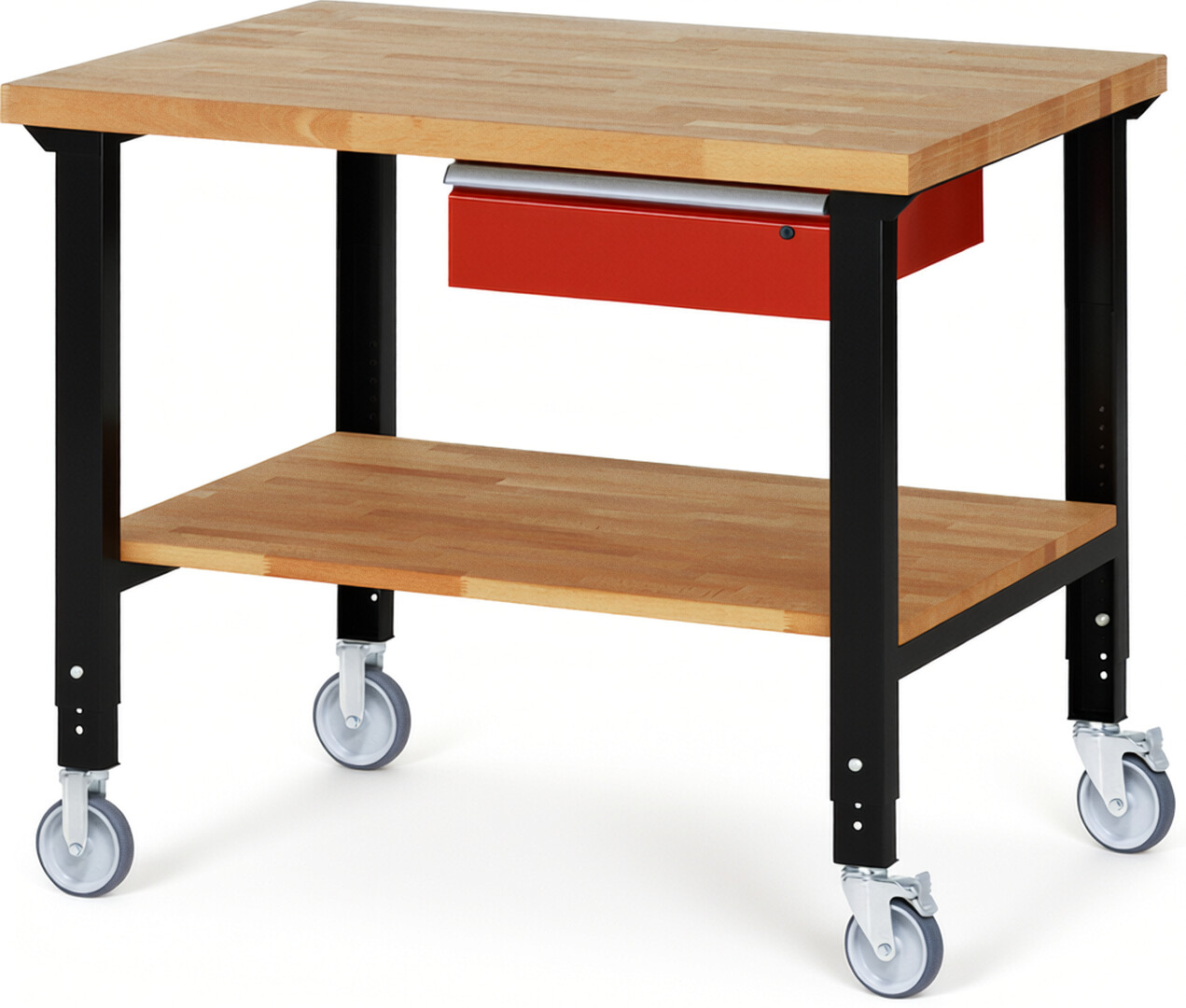 Fahrbare Werkbank Modell 7001 schwarz-rot, BxTxH 1250x900x950-1000 mm,  Buche-Massiv Arbeitsplatte 40 mm,  1 Schublade mit  Auszug 90 %