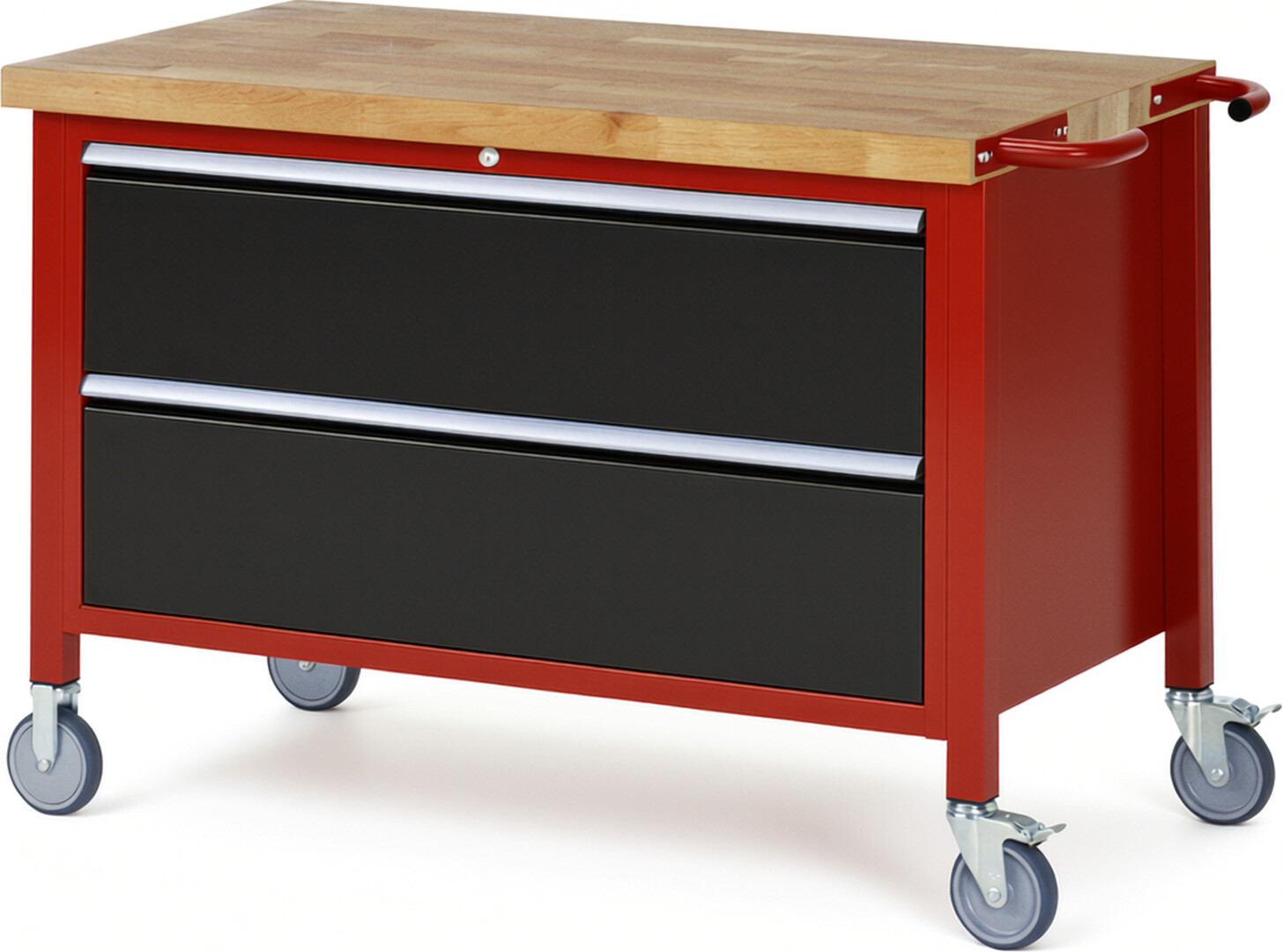 Fahrbare Werkbank Modell 8355 rot - schwarz, BxTxH 1250x700x880 mm,  Buche-Massiv Arbeitsplatte 40 mm,  2 Schubladen mit  Vollauszug 100 % und  SoftClosing