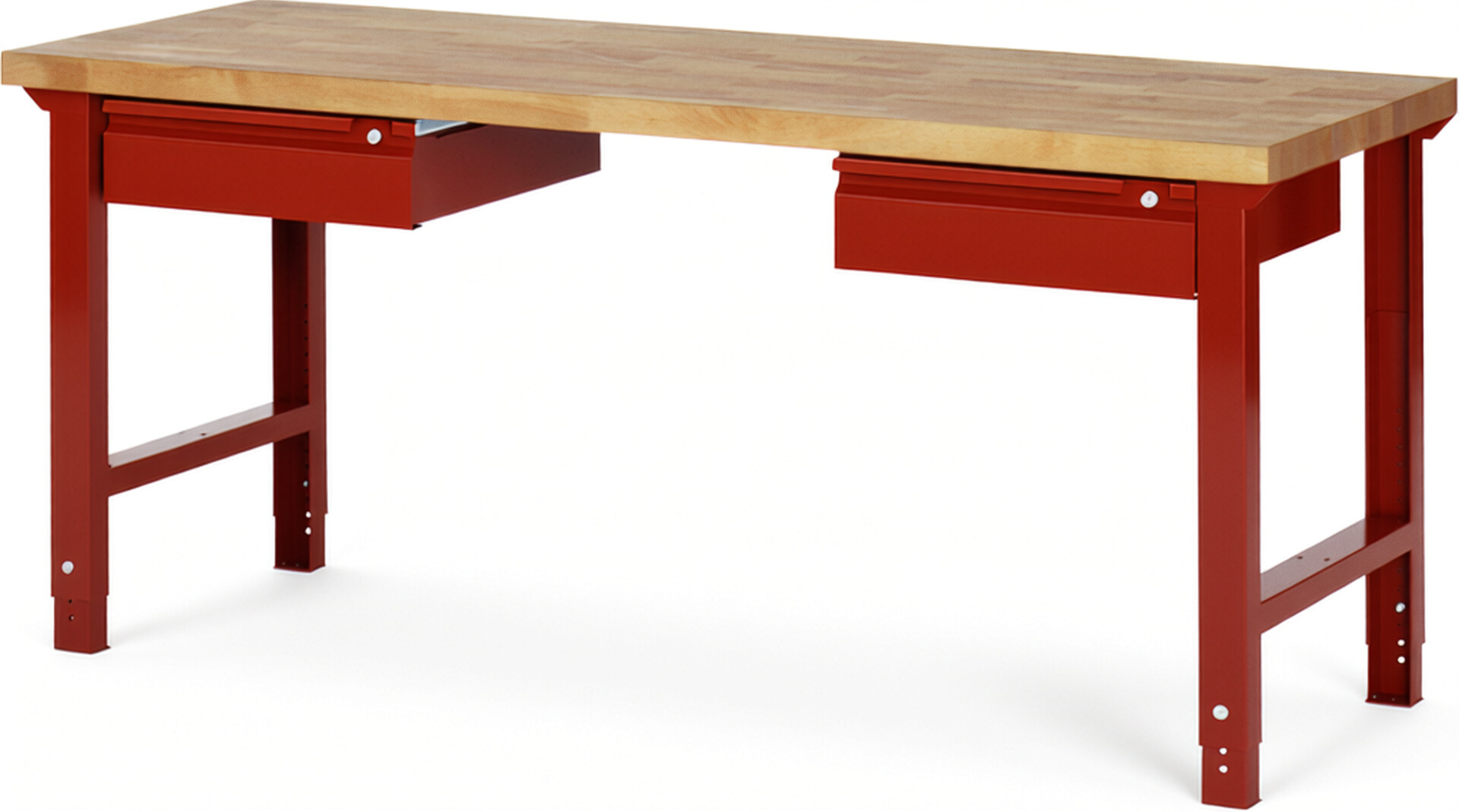Werkbank - Modell 7002 BASIC rot, BxTxH 2000x700x790-1140 mm,  Buche-Massiv Arbeitsplatte 40 mm,  2 Schubladen mit  Auszug 90 %
