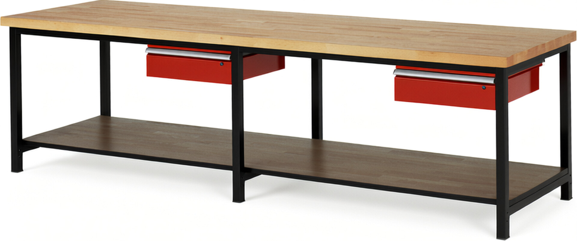 RAU Werkbank schwarz - rot - Breite 300 cm - Tiefe 90 cm - Höhe 104 cm - Buche-Massiv Arbeitsplatte 40 mm