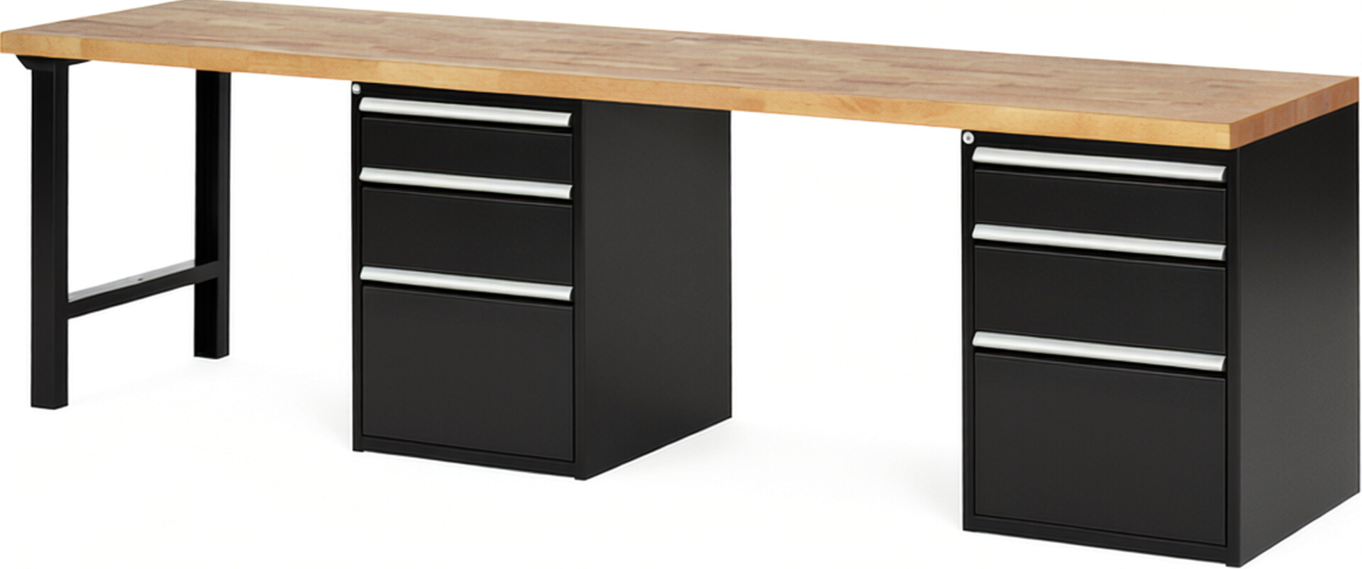 Werkbank Modell 7508 schwarz, BxTxH 3000x700x890 mm,  Buche-Massiv Arbeitsplatte 40 mm,  6 Schubladen mit  Auszug 90 %