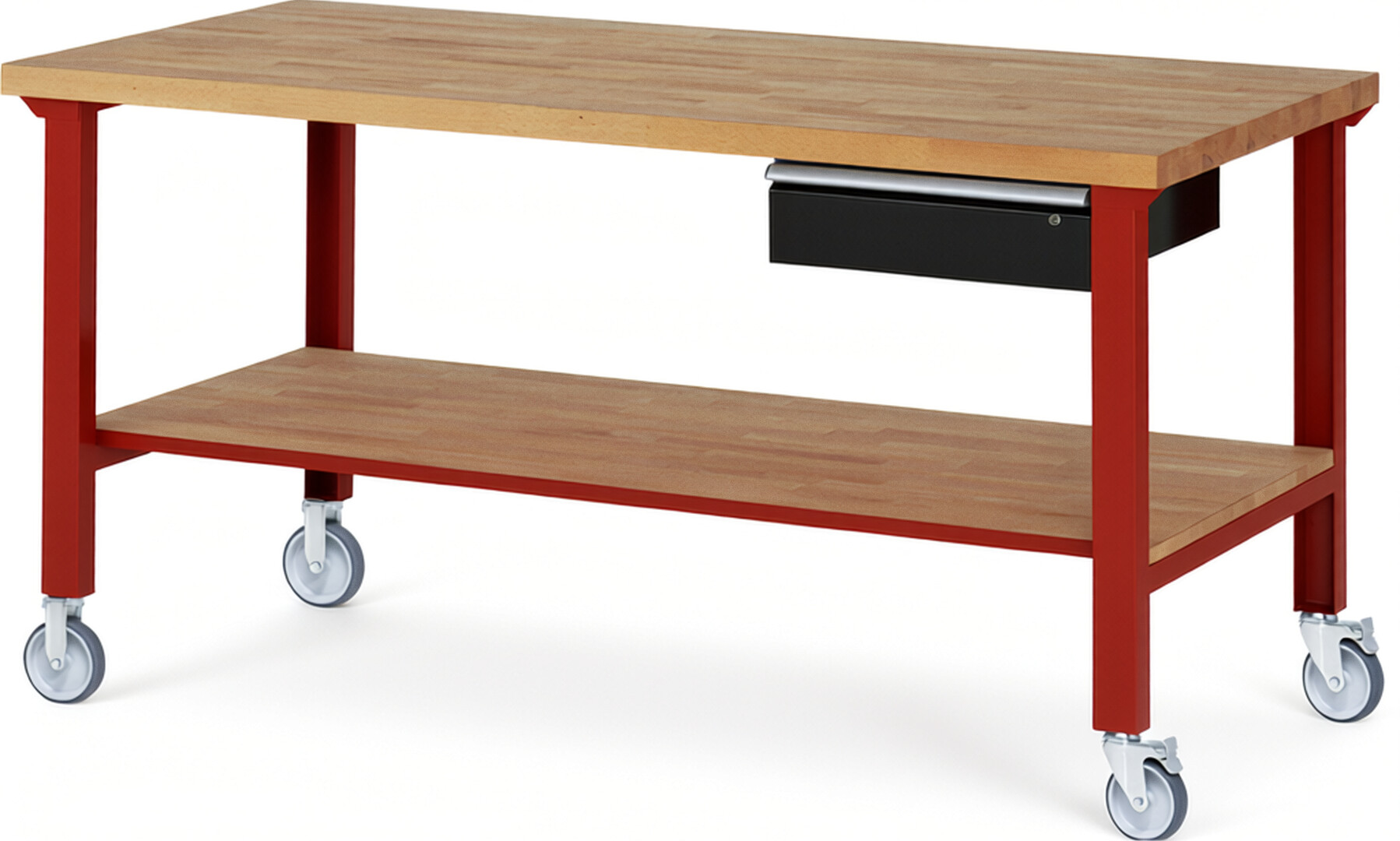 Fahrbare Werkbank Modell 7001 rot - schwarz, BxTxH 2000x900x1000 mm,  Buche-Massiv Arbeitsplatte 40 mm,  1 Schublade mit  Auszug 90 %