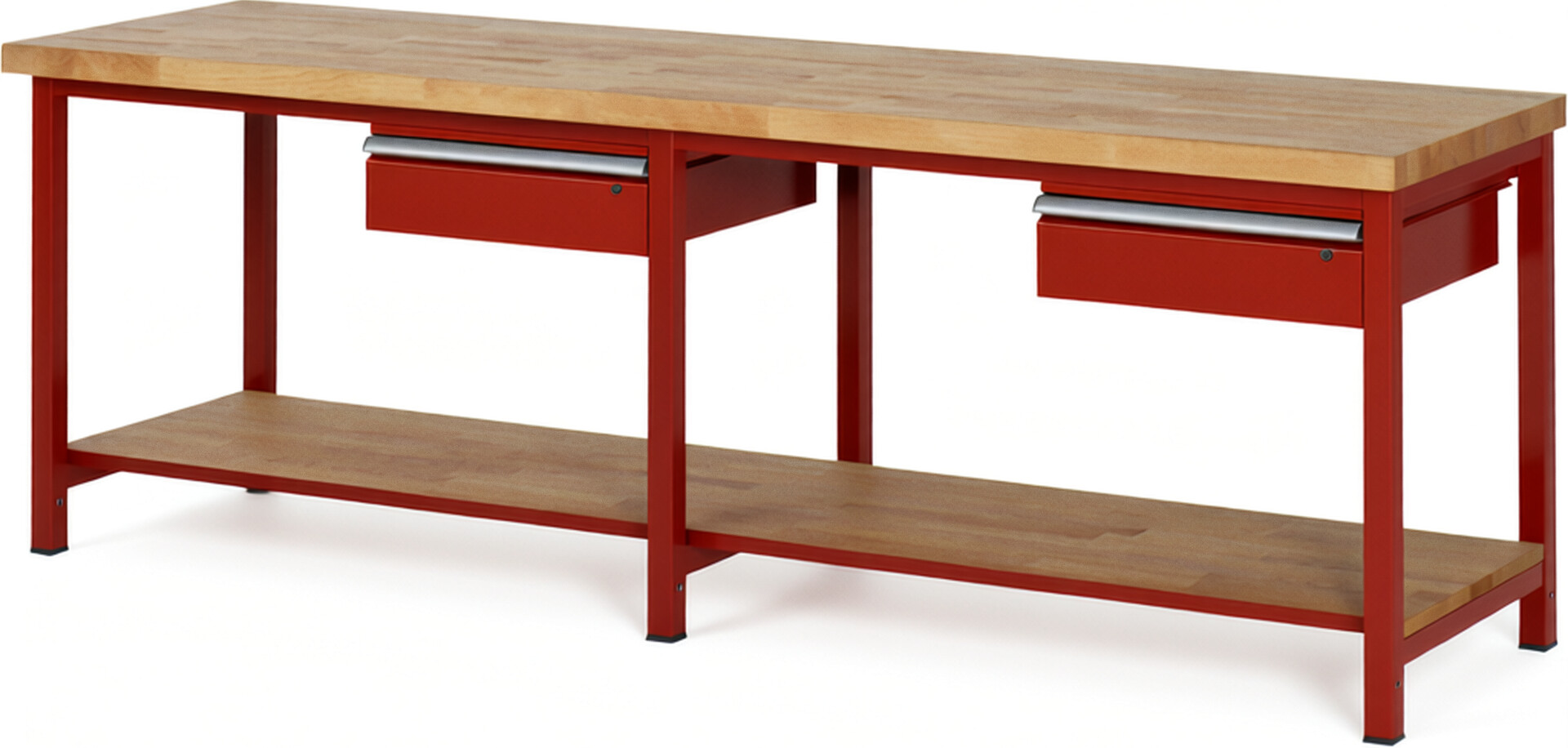 Werkbank Modell 8001 rot, BxTxH 2500x700x840 mm,  Buche-Massiv Arbeitsplatte 40 mm,  2 Schubladen mit  Auszug 90 %