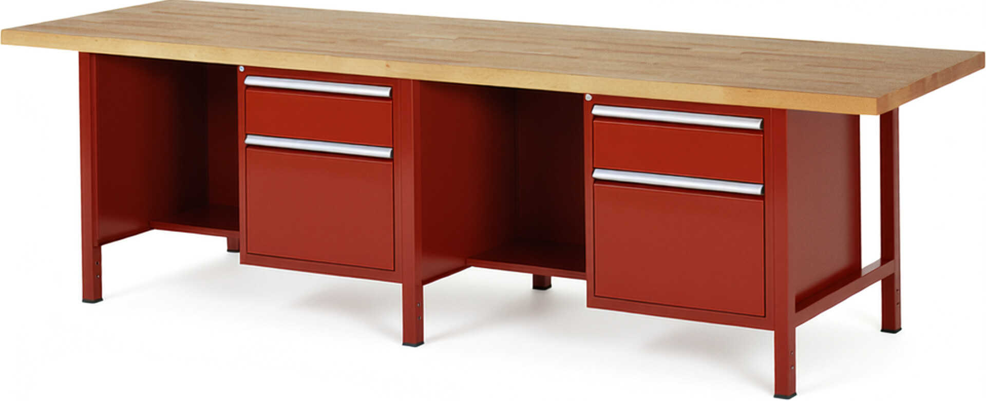 Werkbank Modell 8451 rot, BxTxH 3000x900x840 mm,  Buche-Massiv Arbeitsplatte 40 mm,  4 Schubladen mit  Auszug 90 %