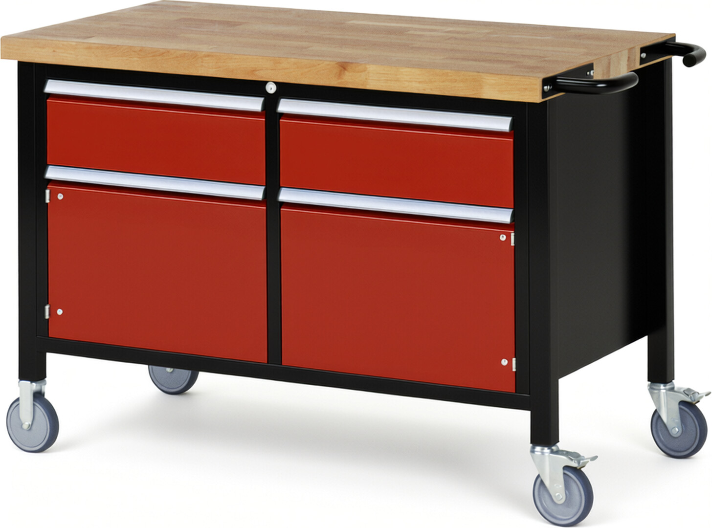 RAU Werkbank schwarz - rot - Breite 125 cm - Tiefe 70 cm - Höhe 108 cm - Buche-Massiv Arbeitsplatte 40 mm