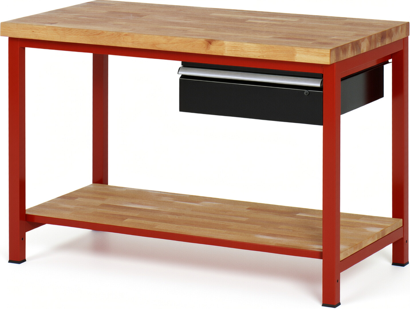 Werkbank Modell 8001 rot - schwarz, BxTxH 1250x700x840-1040 mm,  Buche-Massiv Arbeitsplatte 40 mm,  1 Schublade mit  Auszug 90 %