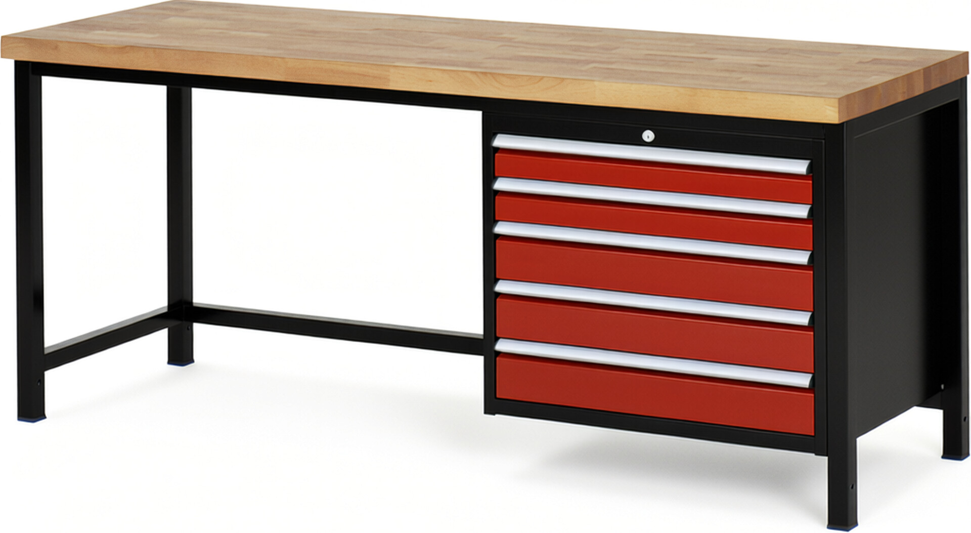 RAU Werkbank schwarz - rot - Breite 200 cm - Tiefe 70 cm - Höhe 104 cm - Buche-Massiv Arbeitsplatte 40 mm