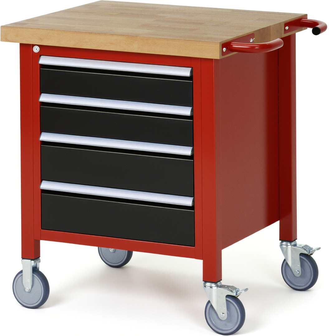 RAU Werkbank rot - schwarz - Breite 75 cm - Tiefe 70 cm - Höhe 108 cm - Buche-Massiv Arbeitsplatte 40 mm