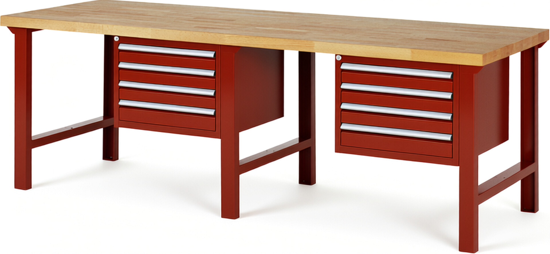 Werkbank Modell 7133 rot, BxTxH 2500x900x840 mm,  Buche-Massiv Arbeitsplatte 40 mm,  8 Schubladen mit  Vollauszug 100 % und  SoftClosing