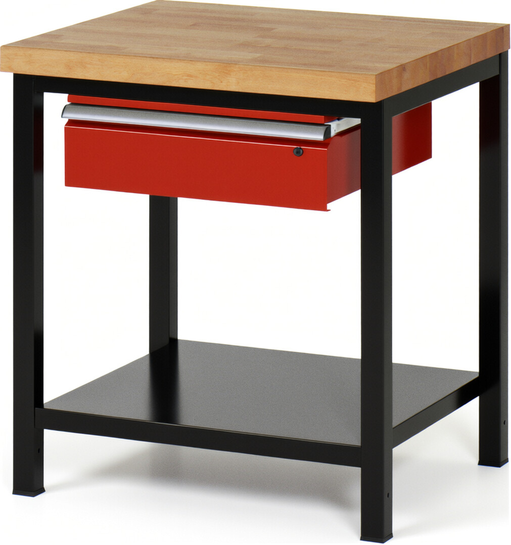 Werkbank Modell 8001 schwarz-rot, BxTxH 750x700x840 mm,  Buche-Massiv Arbeitsplatte 40 mm,  1 Schublade mit  Auszug 90 %
