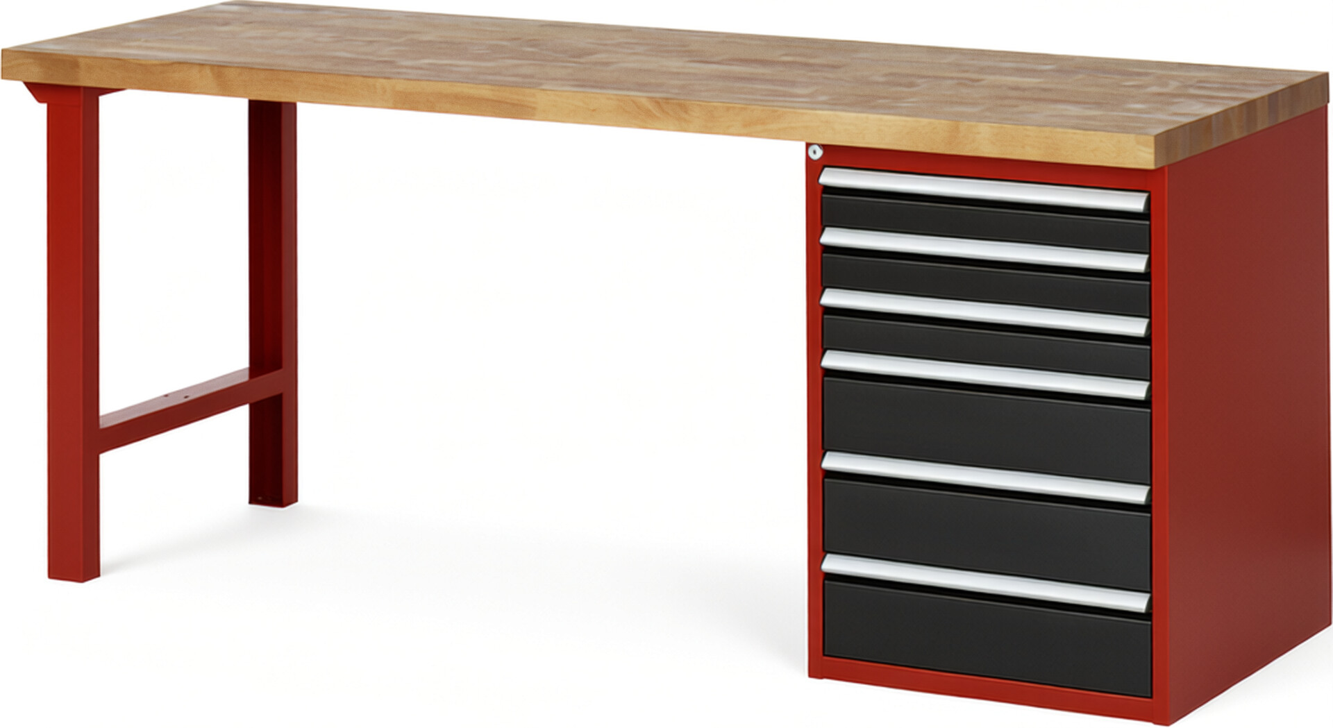 Werkbank Modell 7515 rot - schwarz, BxTxH 2000x700x890 mm,  Buche-Massiv Arbeitsplatte 40 mm,  6 Schubladen mit  Auszug 90 %