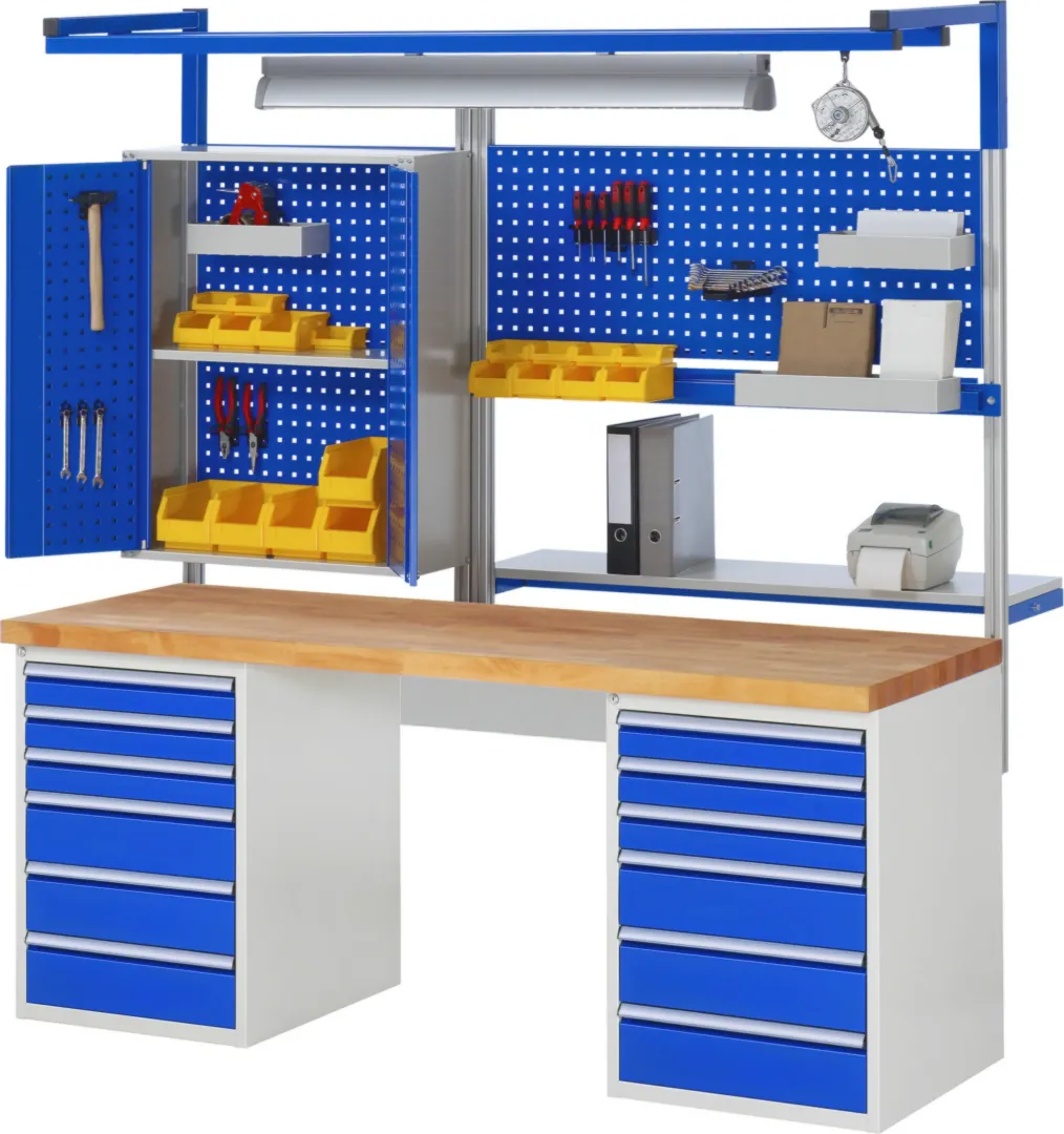 Werkbank Modell 7511 rot - schwarz, BxTxH 2000x900x840 mm,  Buche-Massiv Arbeitsplatte 40 mm,  10 Schubladen mit  Vollauszug 100 % und  SoftClosing