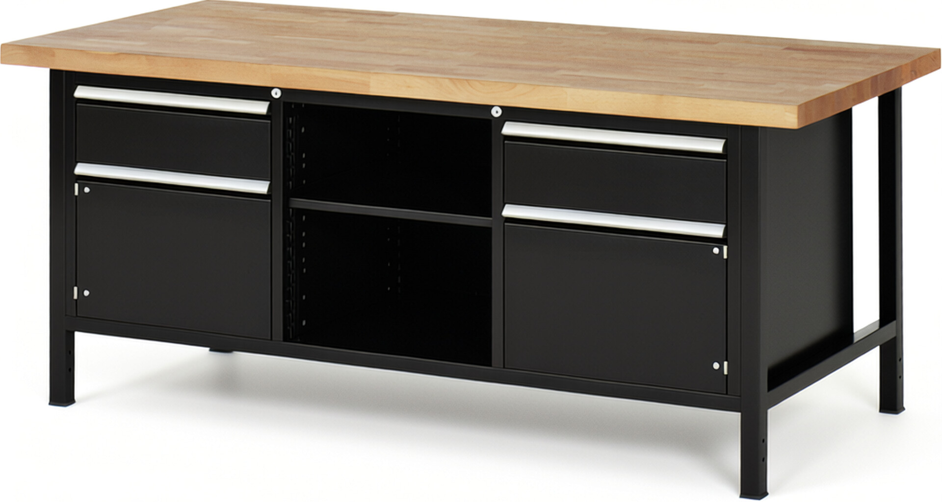 Werkbank Modell 8561 schwarz, BxTxH 2000x900x840-1040 mm,  Buche-Massiv Arbeitsplatte 40 mm,  2 Schubladen mit  Auszug 90 %