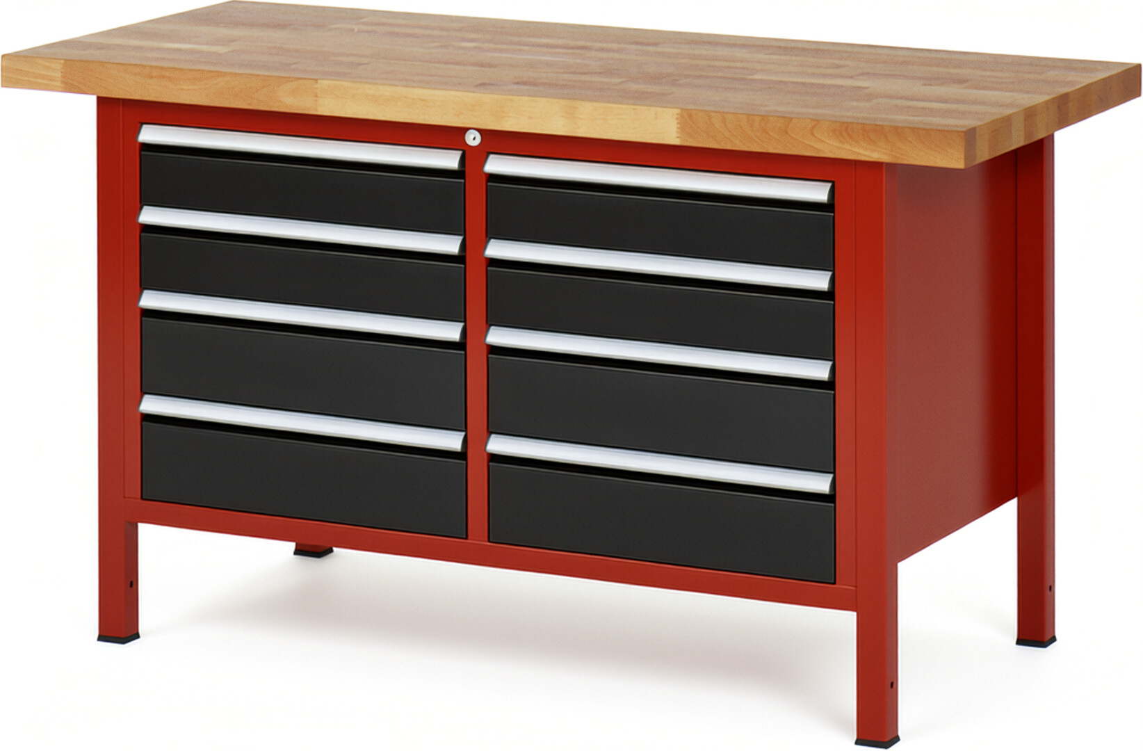 Werkbank Modell 8477 rot - schwarz, BxTxH 1500x700x840-1040 mm,  Buche-Massiv Arbeitsplatte 40 mm,  8 Schubladen mit  Auszug 90 %