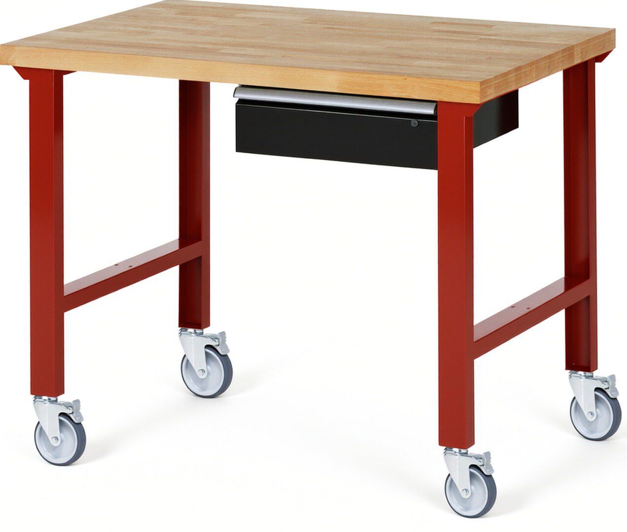 Fahrbare Werkbank Modell 7001 rot - schwarz, BxTxH 1250x900x1000 mm,  Buche-Massiv Arbeitsplatte 40 mm,  1 Schublade mit  Auszug 90 %
